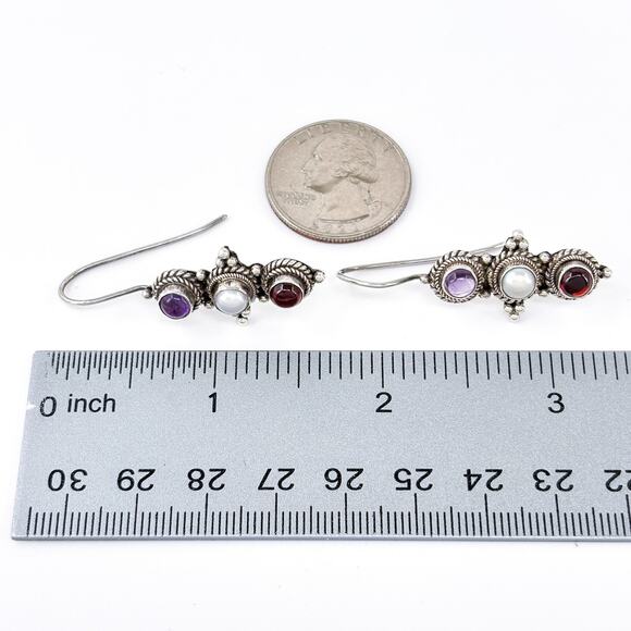 Vintage Southwest Sterling Silver 925 Pearl Amethyst Garnet Drop Earrings - Picture 7 of 8